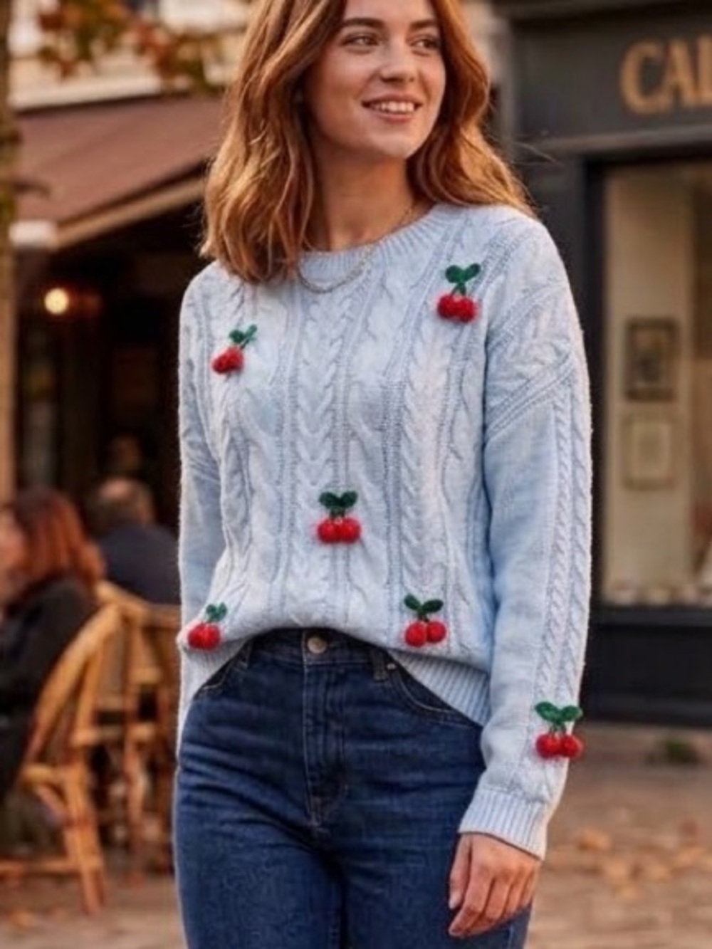 Calligraphie | Light Blue Cable Knit Sweater With Knit Cherry Pom Poms - NWT